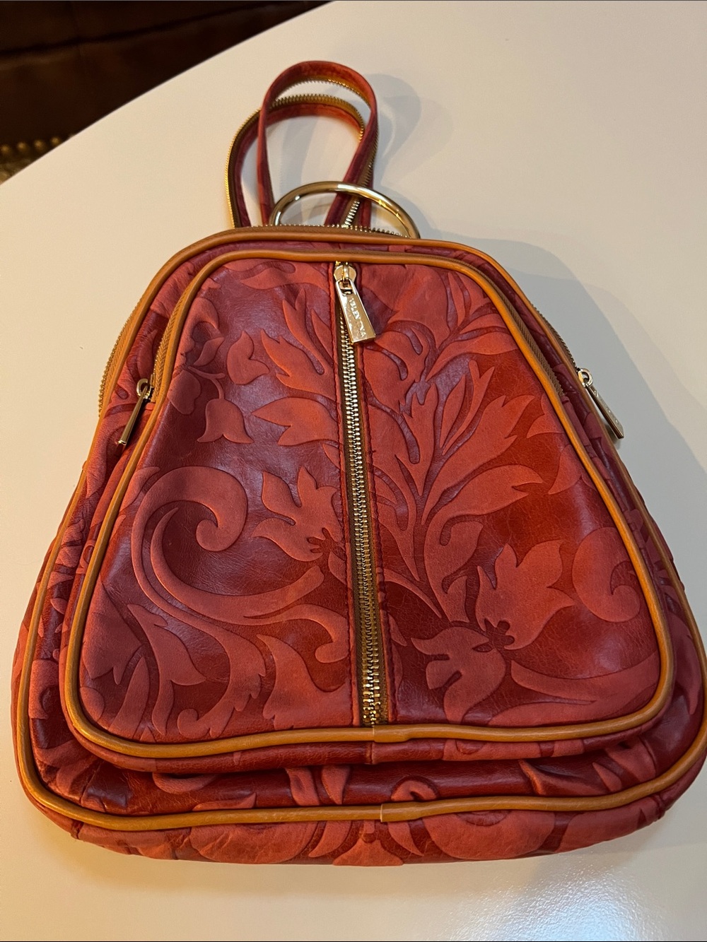 Valentina Red Embossed Floral Italian Leather Backpack